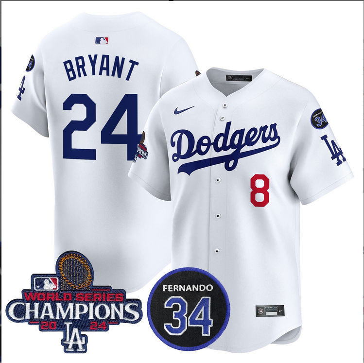 Men MLB Los Angeles Dodgers #24 Bryant white 2024 World Series Champions Patch Limited Jersey